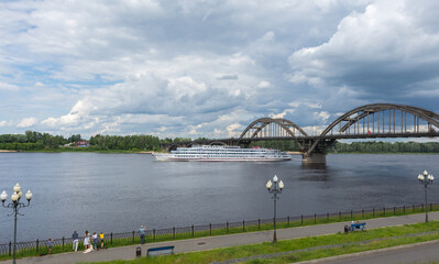 Fototapeta na wymiar view of the cruise liner Georgy Zhukov floating on the Volga River, photo was taken on a sunny summer day