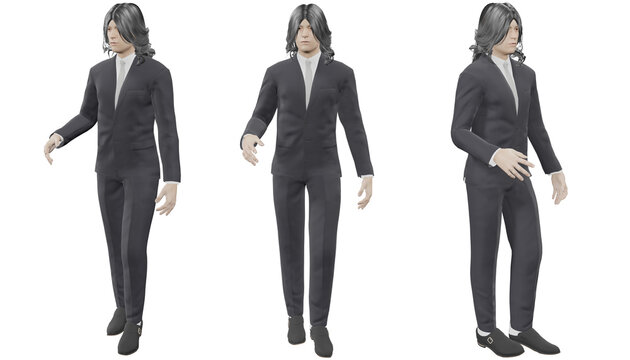 3d illustration Asian men with long black hair photo set Wear best gray tie suit Show a standing motion and extend your arms slightly forward. A confident expression With cutting path