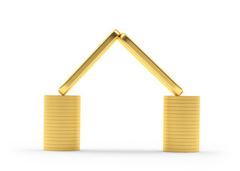 Coins and gold bars stacked in a house icon isolated on white background. 3d illustration.