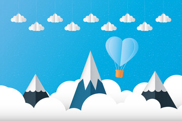 Hearts hot air balloon on mountains landscape vector design