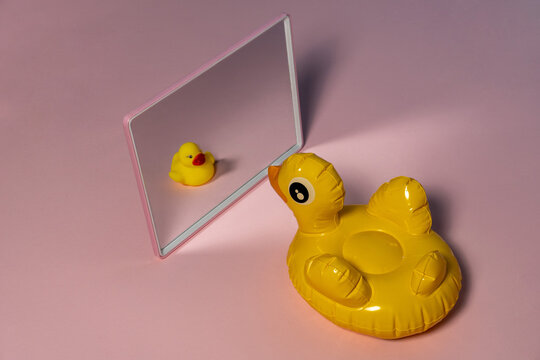 Rubber yellow duck in a mirror with a tiny reflection of itself.  Pink pastel background