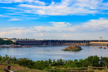 Fototapeta na wymiar Dnieper Hydroelectric Station on the Dnieper river in Zaporizhia, Ukraine