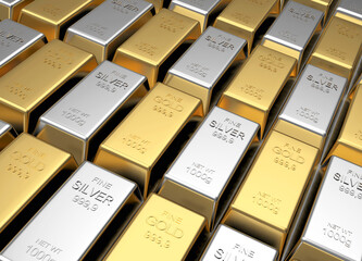 Rows of gold and silver bars are staggered. 3d illustration