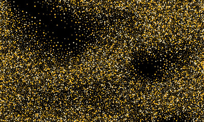 Gold glitter confetti on a black background. Shiny particles scattered, sand. Decorative element. Luxury background for your design, cards, invitations, vector