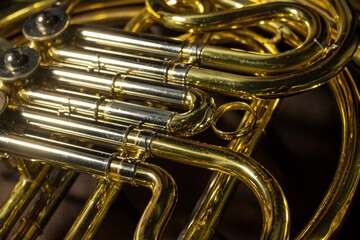 Close Up of a French Horn on a Dark Background
