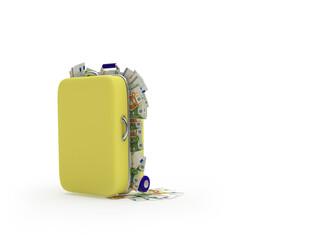 Yellow suitcase filled with euro bills isolated on white background. 3d illustration