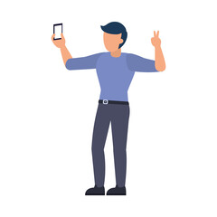cartoon man standing holding a smartphone, flat style