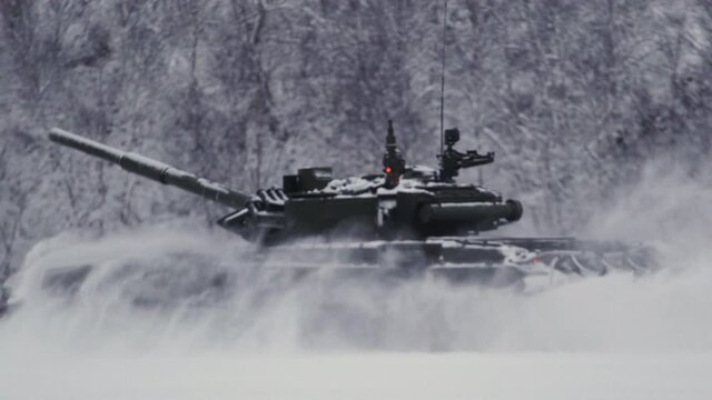 Shooting range. Tests of the tank on a snowy ground