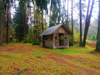 Unfocused background, large gazebo in the forest