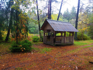 Unfocused background, large gazebo in the forest
