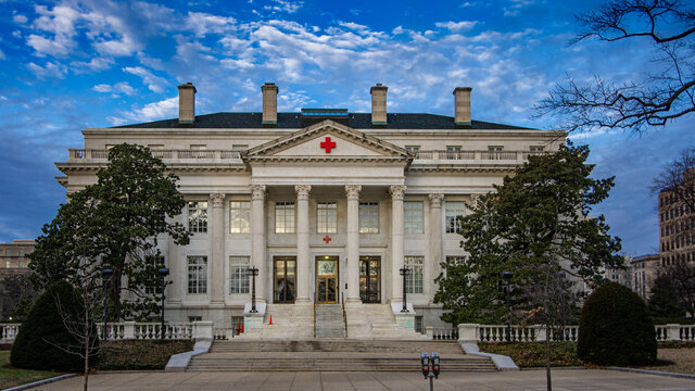 Washington DC—Feb 7, 2019; View of front entrance to American Red Cross National Headquarters at sunrise built between 1915 and 1917, it serves also as a memorial to women who served in civil war.