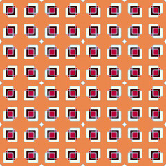 Seamless geometric print of bright rhombuses and light squares, orange background.