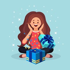 Surprised happy woman with open gift box. Vector illustration