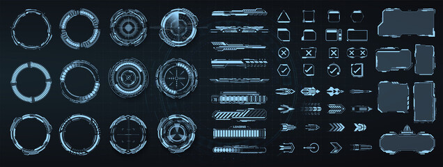 Circle Abstract digital technology UI, UX Futuristic HUD, FUI, Virtual Interface. Callouts titles and frame in Sci- Fi style. Bar labels, info call box bars. UI, UX, KIT game design elements. Vector © ZinetroN