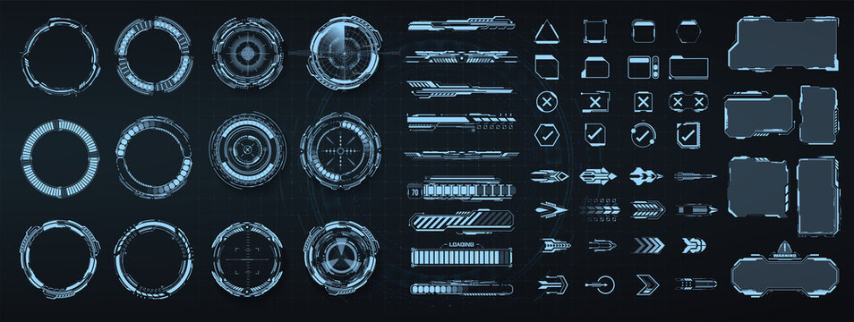 Circle Abstract digital technology UI, UX Futuristic HUD, FUI, Virtual Interface. Callouts titles and frame in Sci- Fi style. Bar labels, info call box bars. UI, UX, KIT game design elements. Vector
