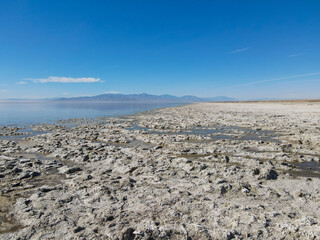 Aerial view of Bombay Beach and the Southern California Salton Sea landscape in California, United States. Salton Sea endorheic rift lake. 