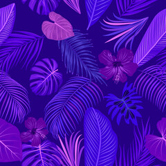 Tropical jungle vector seamless pattern with palm tree leaves