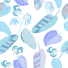 Tropical vector seamless pattern with  leaves of palm tree and flowers