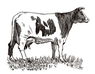 Cow in side view, standing on a meadow. Illustration after an antique drawing from the early 20th century