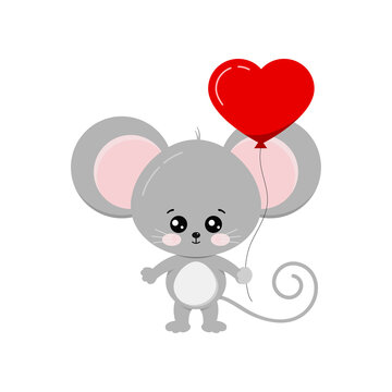 Cute mouse with heart shape balloon in paw isolated on white background. Grey lovely happy mouse with present. Flat design cartoon style valentines day or birthday animal character vector illustration