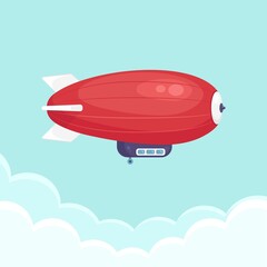 Dirigible flying in blue sky with clouds. Vintage airship, zeppelin. Travel by blimp. Vector illustration