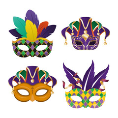 mardi gras masks with feathers icon set vector design © Gstudio