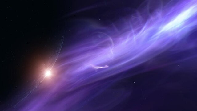 Abstract planet with bright shiny star and nebula light streaks in the universe. Concept astronomy animation background. 