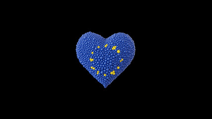 European Union. Europe Day. May 9. Heart shape made out of shiny sphere on black background. 3D rendering.