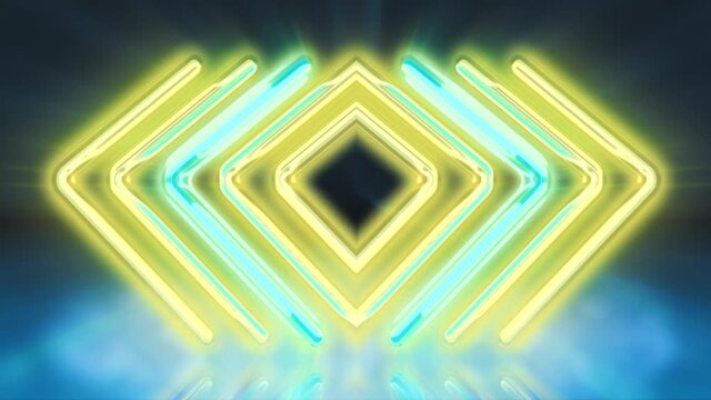 Neon Arrow Lights Blinking on and off with Foggy Smoke in the Background. Yellow and Blue lights Flashing back and forth Light Rays beaming out from lights