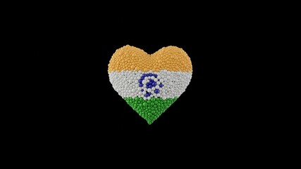 India National Day. August 15. Independence Day. Heart shape made out of shiny sphere on black background. 3D rendering.