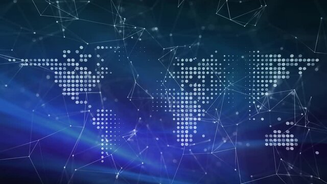 Conceptual compter network cyberspace with world map motion on cloudy light streaks effect animation background. 