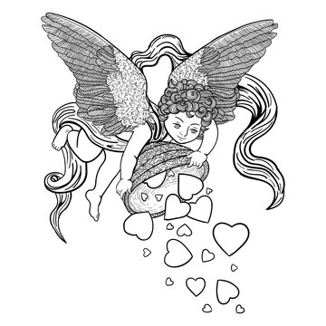 Flying Cupid scatters a heart, contour illustration on a white background, vector image, angel, template, sticker, coloring