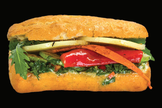 Delicious sandwiches with meat, vegetables, and sauce with reflection,
