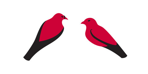 Two birds. Vector black and red animal illustration,  simple graphic silhouette for logo isolated on white background