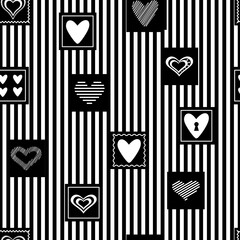 Seamless vector pattern. On a striped background, black squares with different hearts.