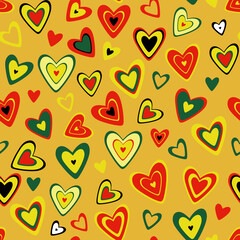 Seamless vector background. Lots of multicolored, bright and colorful hearts.