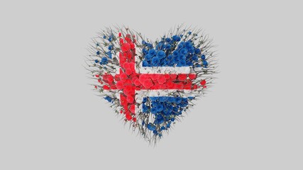 Iceland National Day. June 17. Republic Day. Heart shape made out of flowers on white background. 3D rendering.