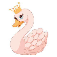 Cute Swan Princess with crown. Cartoon vector illustration
