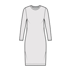 T-shirt dress technical fashion illustration with crew neck, long sleeves, knee length, oversized, Pencil fullness. Flat apparel template front, grey color. Women, men, unisex CAD mockup