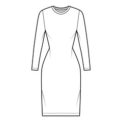 T-shirt dress technical fashion illustration with crew neck, long sleeves, knee length, slim fit, Pencil fullness. Flat apparel template front, white color. Women, men, unisex CAD mockup