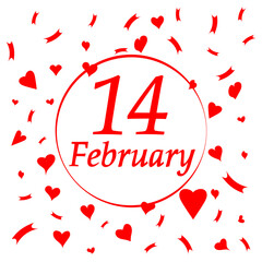 14 february, valentine's day. Date in a circle surrounded by hearts