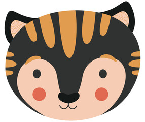 Cute stylish illustration of a black tiger cub with red stripes, ruddy cheeks on a white background. The isolated face of a cartoon kitten. For printing on a T-shirt, sticker. Vector.
