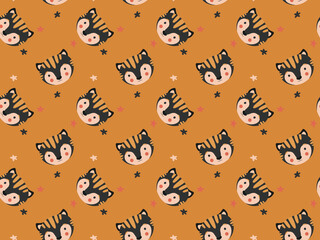 Cute stylish seamless pattern of black tiger cubs heads and abstract stars on an ocher background. The faces of kittens in the Scandinavian style. For printing on children's clothing. Vector.