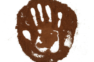 Palm print on ground coffee. Quality mark. Isolated on white background.