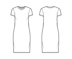 T-shirt dress technical fashion illustration with crew neck, short sleeves, knee length, oversized, Pencil fullness. Flat apparel template front, back, white color. Women, men, unisex CAD mockup