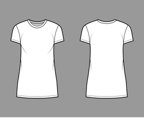 T-shirt dress technical fashion illustration with crew neck, short sleeves, mini length, oversized, Pencil fullness. Flat apparel template front, back, white color. Women, men, unisex CAD mockup