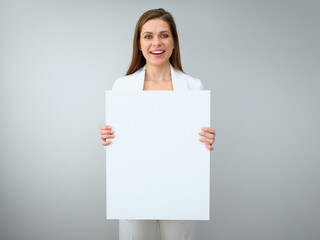 Buisness woman holding white empty banner.