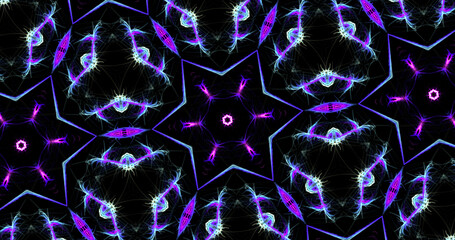 Electric Neon Light Kaleidoscope Banner Wallpaper. Beautiful colorful light creates patterns on a black background.