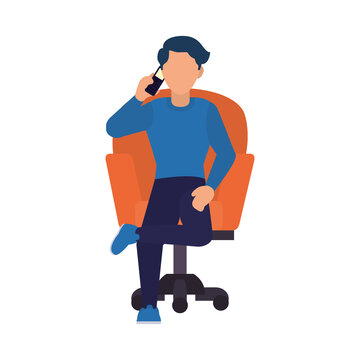 Cartoon Man With A Cellphone And Sitting On A Orange Desk Chair, Flat Style