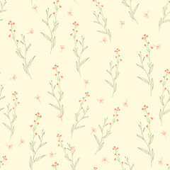 Floral seamless pattern. Trendy blossom colorful vector texture. Blooming botanical motifs scattered random. Fashion, ditsy print. Hand drawn wild meadow flowers on beige background